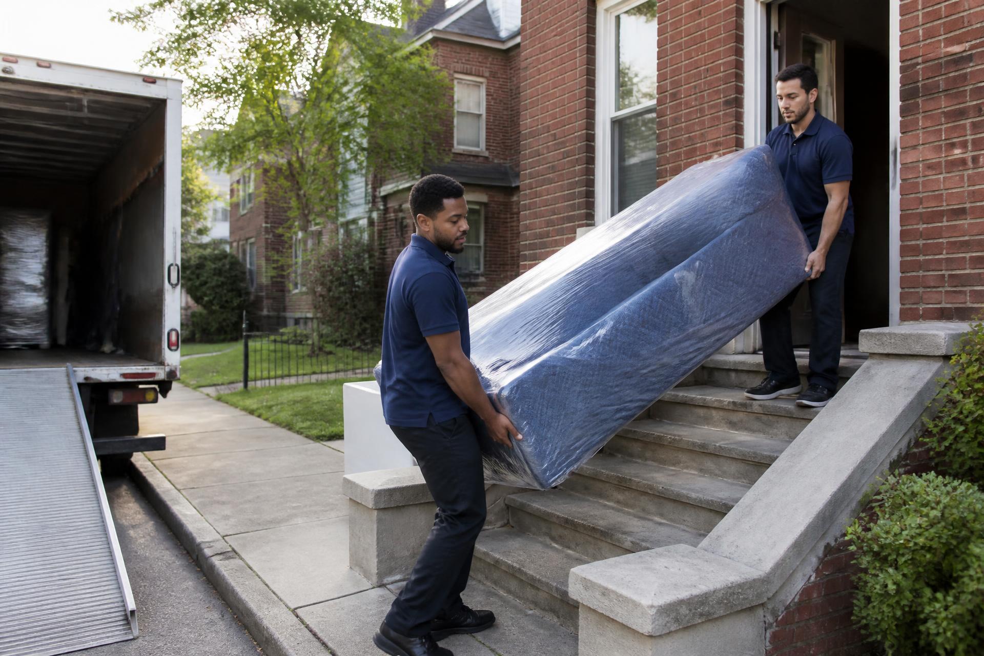 Professional Efficient Moving movers carrying a wrapped sofa from a Detroit home to a moving truck