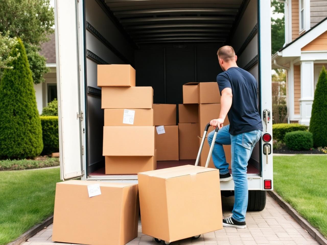 Mover using a hand truck to load stacked moving boxes into a rental truck in a Detroit driveway