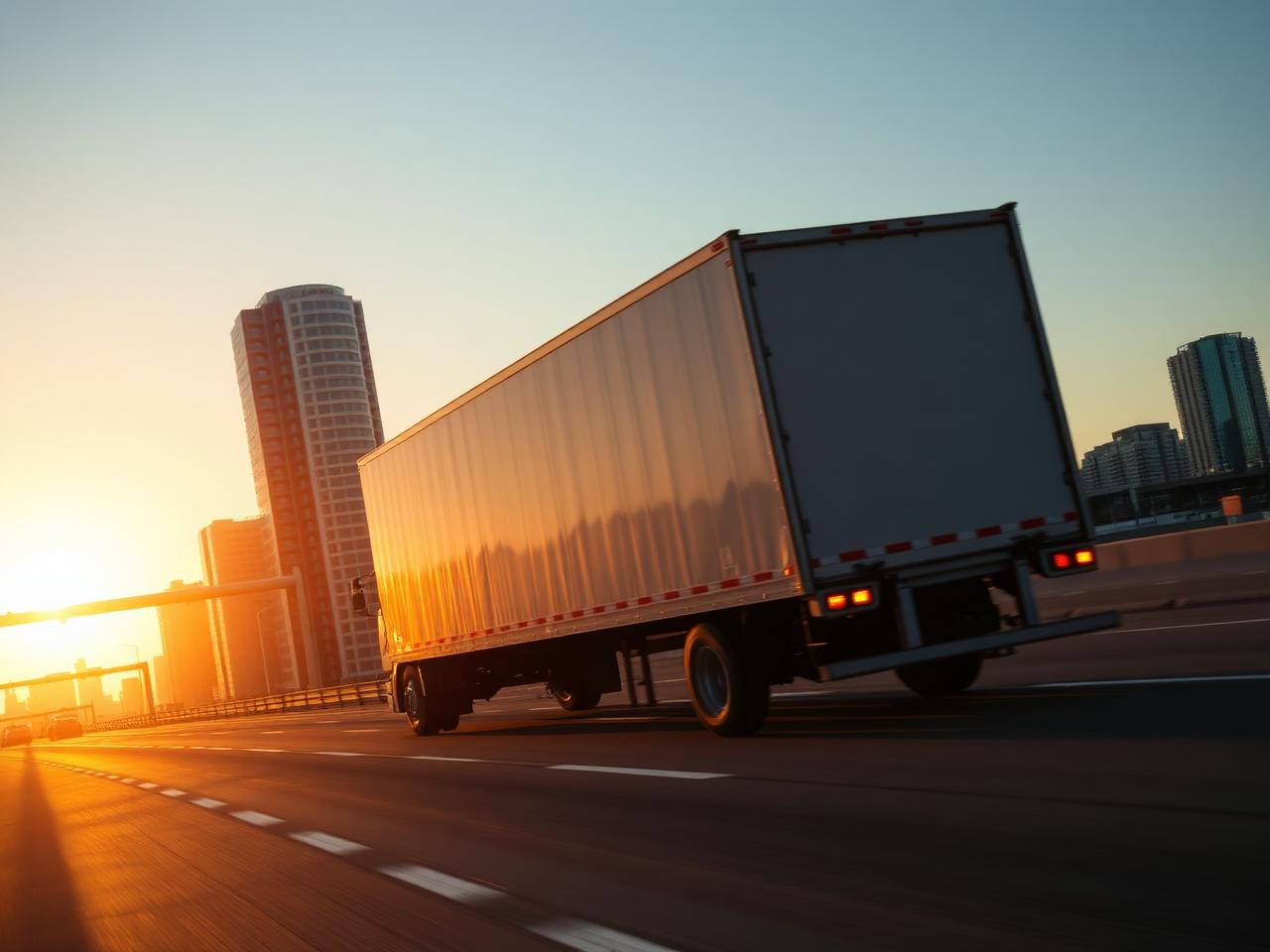 Moving truck traveling on the highway away from the Detroit skyline at sunset