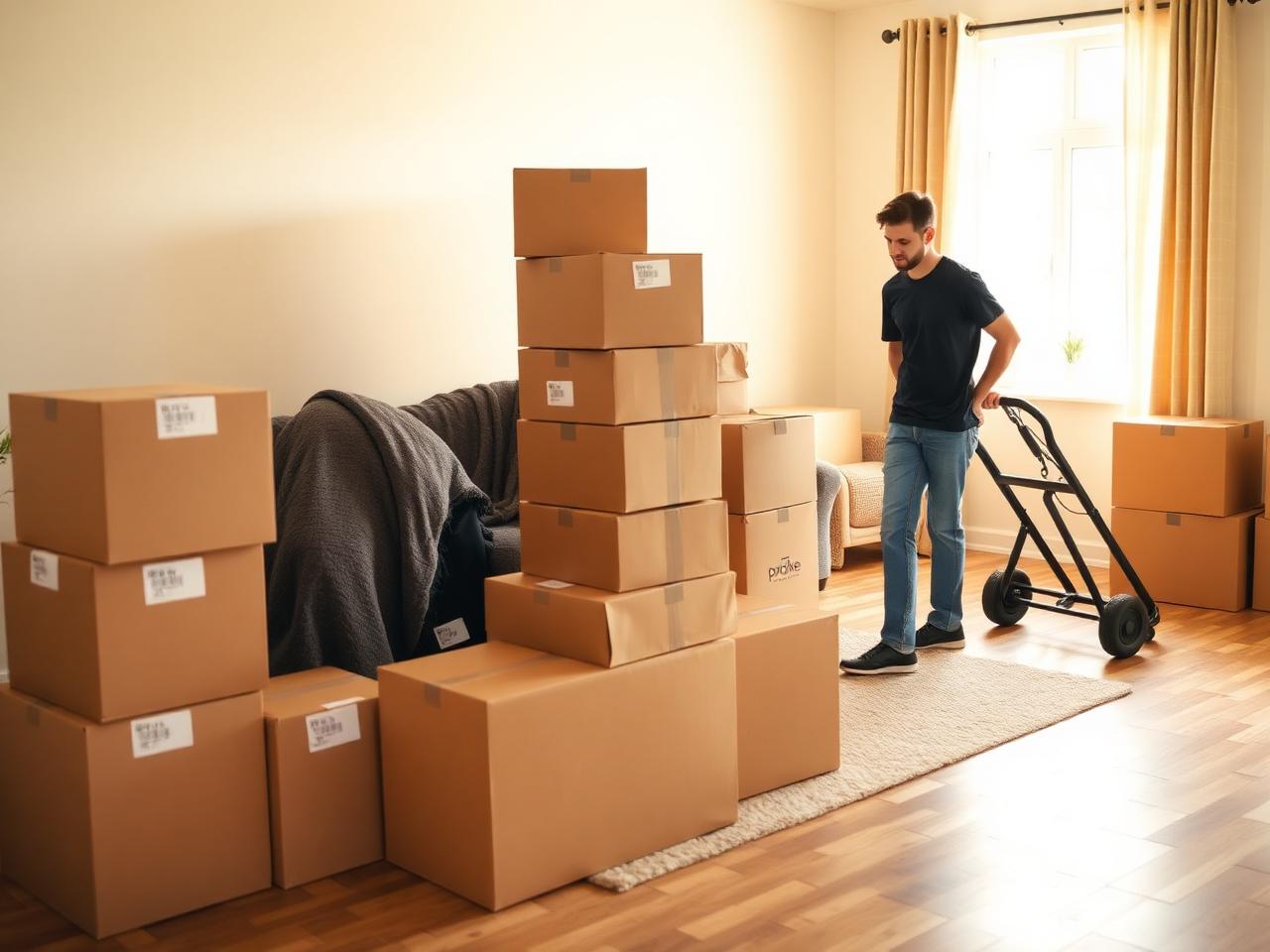 Labeled moving boxes and blanket-wrapped furniture ready for a residential move in Detroit